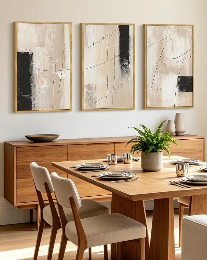 KUVIOKE Abstract Framed Wall Art Minimalist Beige Pastel Watercolor Neutral Wall Decor Modern Black Line Art Painting for Bedroom Dining Room 24x36in (Natural Framed)