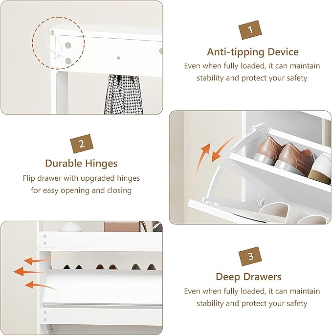 HOPUBUY Tall Shoe Cabinet with 3 Flip Drawers, Farmhouse Hidden Shoe Storage Cabinet with Rack, Slim Narrow Freestanding Shoe Storage Organizer for Entryway, Hallway & Living Room, White