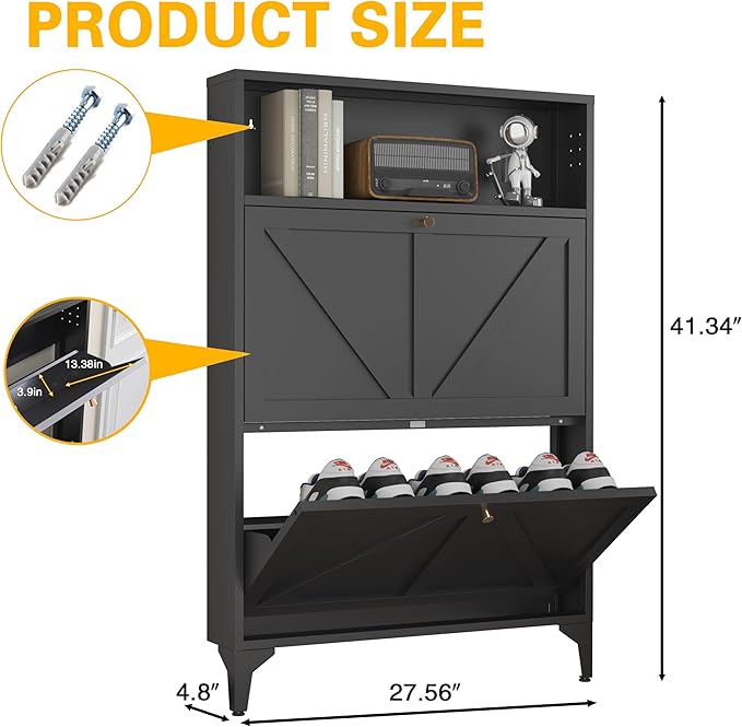 Farmhouse Shoe Storage Cabinet with 2 Flip Drawers, Slim Shoe Cabinets and Barn Door Design, Modern Hidden Slim Narrow Shoe Rack Cabinet for Foyer, Front Door,Living Room,Hallway, Black