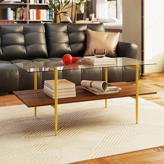 Giantex Glass Coffee Table, Mid Century Modern Center Table with Amber Tampered Glass Tabletop, Walnut Storage Shelf & Golden Legs, 2-Tier Rectangle Coffee Tables for Living Room, Brown