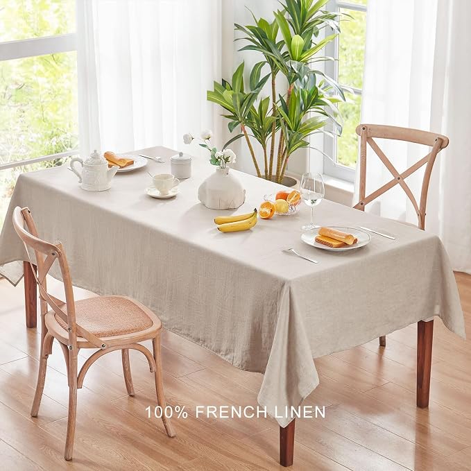 TOSMO 100% French Linen Tablecloth, Washable Farmhouse Rectangle Table Cloth for Kitchen, Dining, Party, Cocktail, Indoor and Outdoor Daily Use(60''x144'',Natural Linen)