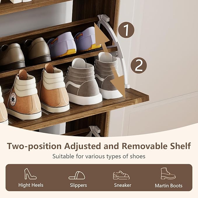 Spaco Walnut Shoe Cabinet with 2 Flip Drawers for Entryway,Narrow Shoe Storage Cabinet with Solid Wood Leg,Freestanding Slim Shoe Organizer for Hallway