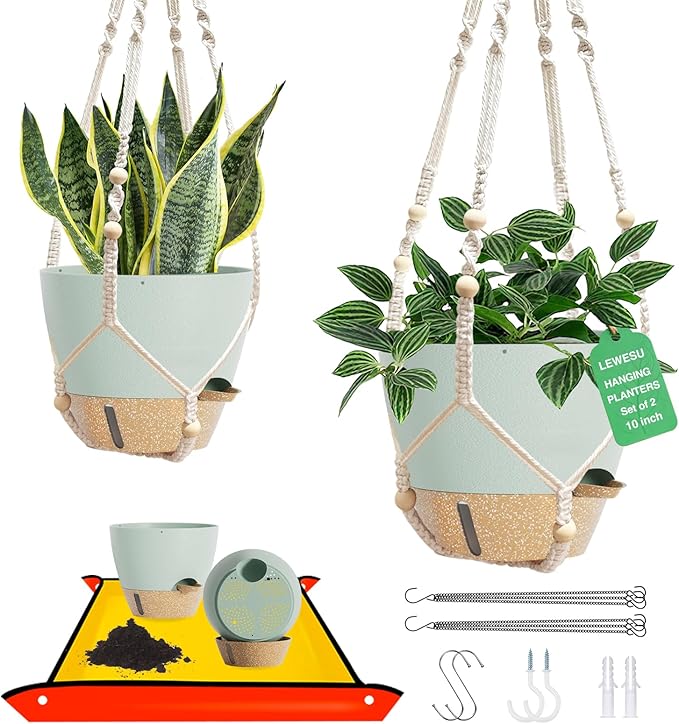 LEWESU Set of 2 Hanging Planters for Indoor Plants with Self Watering Includes Hanging Pots and 2 Types Plant Hangers, Outdoor Hanging Baskets Holder for Home Garden, 10 Inch Sage Green