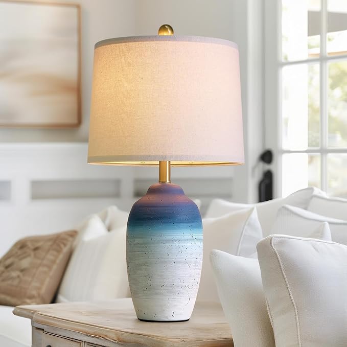 USumkky 24.5" Vintage Ceramic Table Lamp with 5FT Cord - Single Farmhouse Rustic Bedside Lamp with Natural Textured Finish, Nightstand Lamps for Living Room, Bedroom, End Table, Office White and Blue