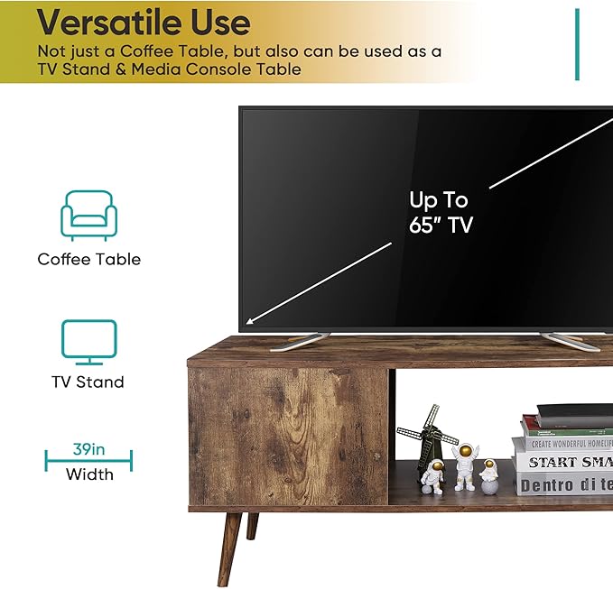ZenStyle Mid Century Modern Coffee Table, Wooden Retro Coffee Table with Open Storage Shelf for Living Room, Reception, Easy Assembly (Brown)
