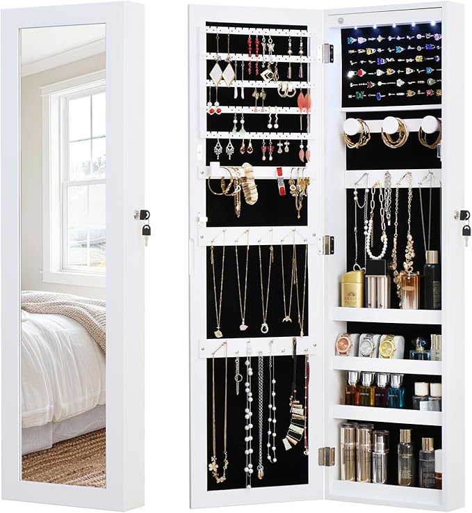 Full Length Mirror Jewelry Cabinet Organizer Lockable Door Wall-Mounted Jewelry Armoire with Shelves and Behind-the-Door Storage - White