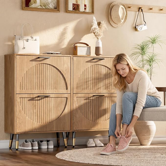 Farmhouse Shoe Cabinet Storage for Entryway, Slim Shoe Rack Cabinet with 2 Flip Drawers, Narrow Shoe Organizer Cabinet with Stylish Round Panel, Metal Leg and Handle