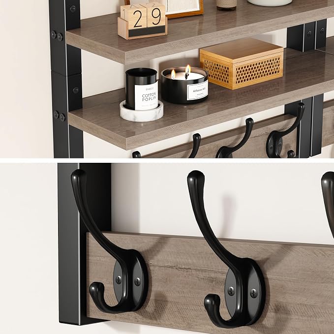 YMYNY Coat Rack Wall Mount with Shelf, Two-Tier Wall Shelf Mounted with 8 Hooks, Wooden Wall Coat Rack for Entryway, Bedroom for Hanging Clothes/Coats/Keys/Hats/Towels, Silver Gray, HWS009Y-2