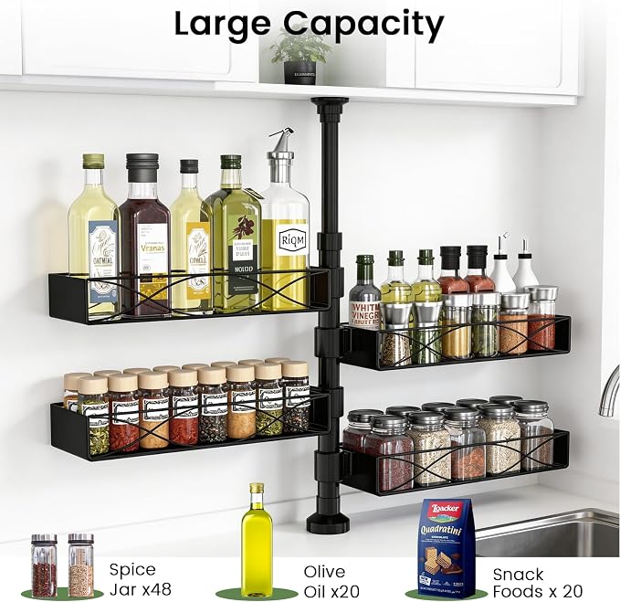 Mixoo Spice Rack Organizer Tension Pole, 4-Tier Adjustable Spice/Seasoning Organizer for Kitchen Countertop, Space-Saving Spice Storage Corner Shelf for Kitchen, Coffee Area, 16.5-23.6 Inch, No Drill