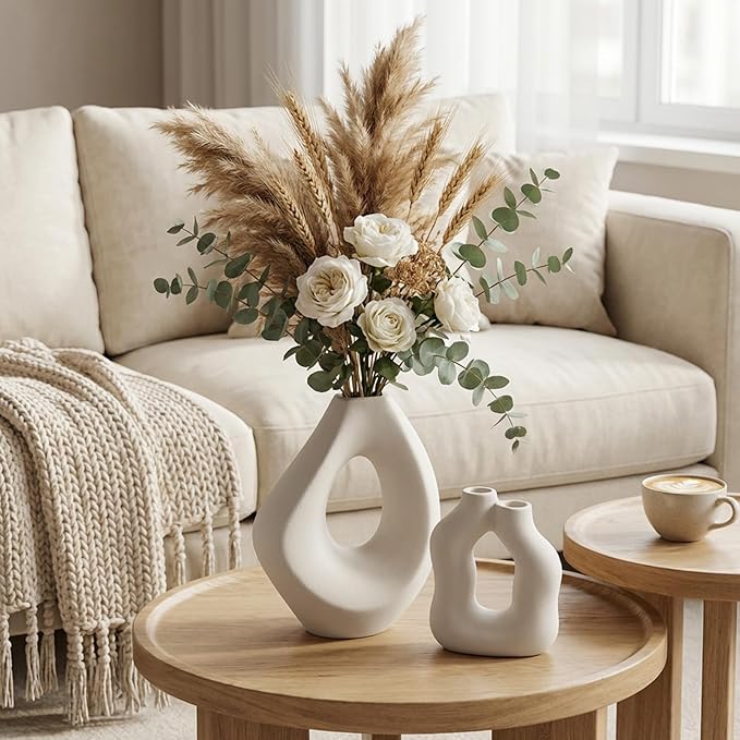 Ceramic Vase Set of 2, Modern Donut Vases for Nordic Minimalist Boho Home Decor, Centerpieces for Dining Tables Living Room Shelf Bookshelf Mantel Entryway Office House