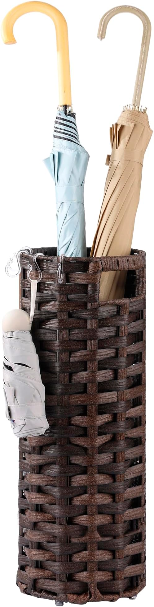 Rattan Umbrella Stand, Umbrella Holder for Entryway, Hand Woven Umbrella Rack Organizer Freestanding, with a Detachable Drip Tray, 4 Hooks, 7.5" L x 7.5" W x 16.5" H, Brown