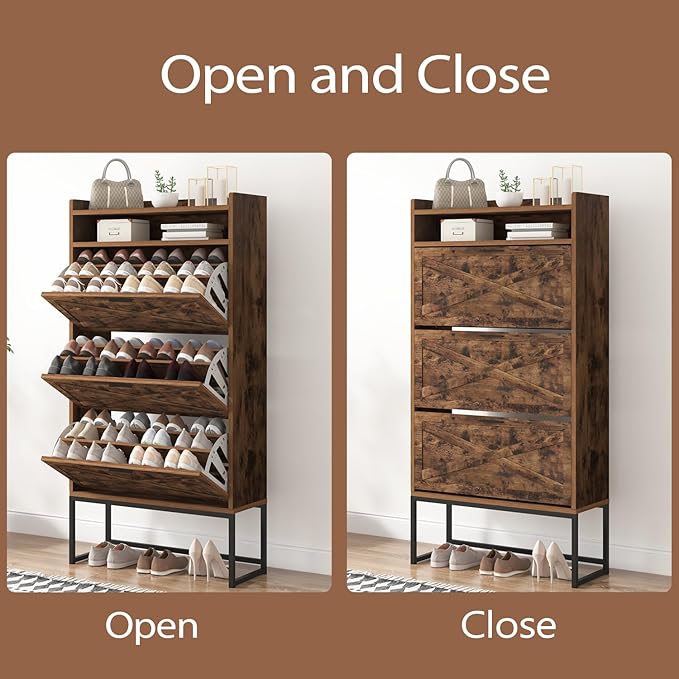 Shoe Storage Cabinet for Entryway, 3 Layers Shoe Cabinet with 3 Flip Drawers, Metal Legs Shoe Organizer Cabinet, Adjustable Shoe Rack Cabinet for Entryway