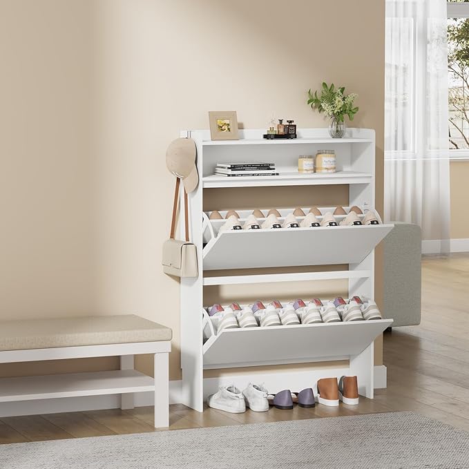Shoe Cabinet Organizer with 2 Flip Drawers，Freestanding Shoe Rack Cabinet, Shoe Cabinet Storage for entryway, Foyer, Hallway, White, 31.5" W