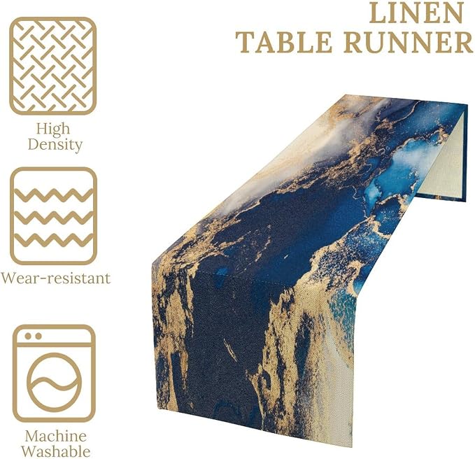 Marble Table Runner,Navy Blue Gold Stripe Marble Farmhouse Pattern Table Runner for Coffee Table Dining Room Table Bedroom Party Holiday Decor 13x36inch