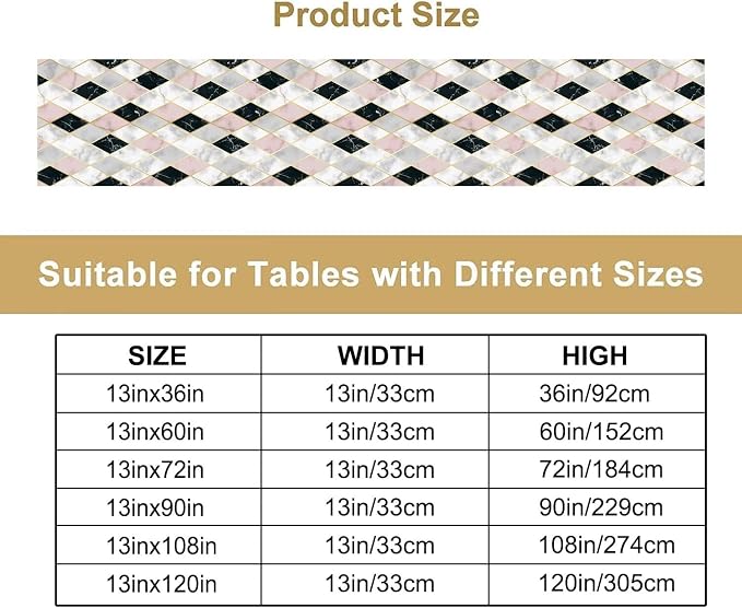 Marble Table Runner,Pink Black White Gold Geometric Diagonal Marble Pattern Table Runner for Coffee Table Dining Room Table Bedroom Party Holiday Decor 13x108inch