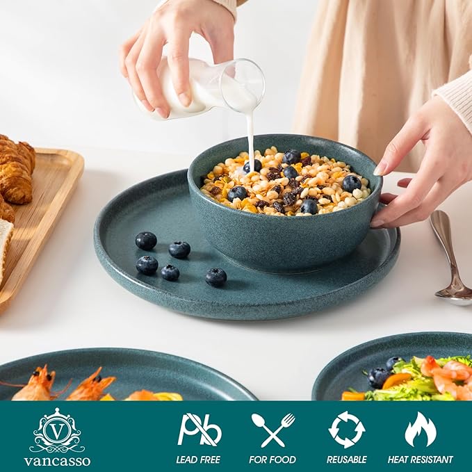 vancasso Plates and Bowls Sets, 24 Pieces Stoneware Dinnerware Set for 8, Ceramic Dish Set for Kitchen, Microwave and Dishwasher Safe, Smoky Teal, Series ZERMATT