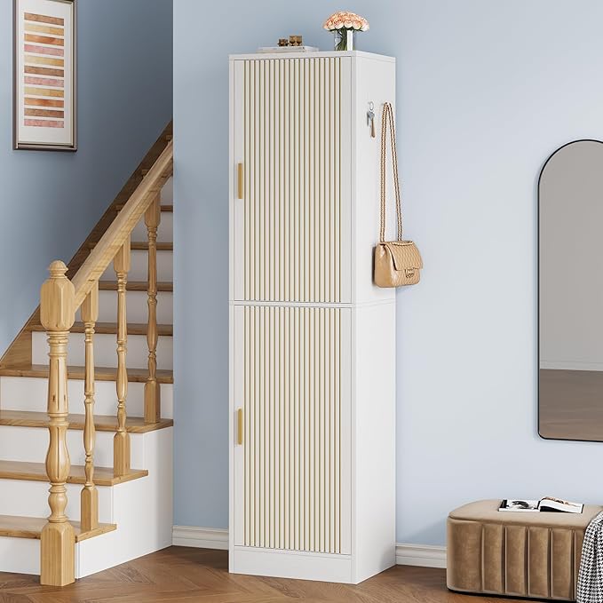 Shoe Cabinet with Slipper Rack, 10-Tier Narrow Tall Shoe Storage Cabinet with Adjustable Shelves Modern Shoe Organizer Cabinet for Entryway, White