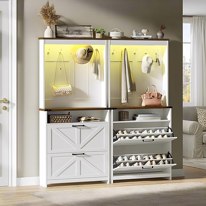 Farmhouse Shoe Cabinet with Coat Rack, Tall Shoe Cabinet with 2 Flip Drawers, Narrow Hidden Shoe Storage Cabinet, 2 in 1 Hall Tree Slim Freestanding Shoe Rack Organizer for Entryway, LED Light, White