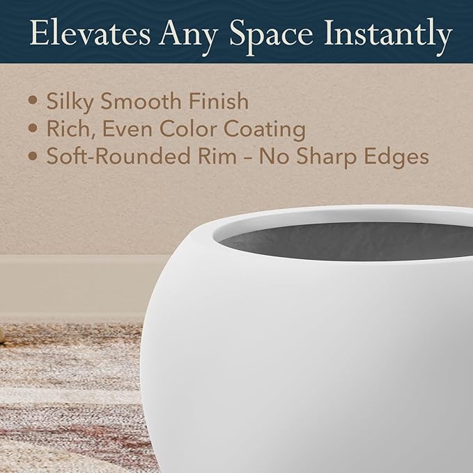 KUTE NEST 9.7" H x 12" D Premium Globo Fiberstone Round Planter with Drainage Hole, Weather Resistant for Indoor & Outdoor Use, Included 2 Extra Coco Mats (Light French Gray, 7.8" Pot Opening)