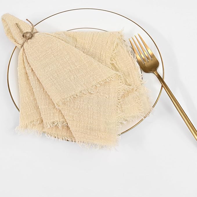 36 Pack Beige Handmade Cloth Napkins 12 x 12 Inch Cotton Linen Napkins with Fringe, Washable and Reusable Napkins, Soft Rustic Boho Fringe Cloth Napkins for Dinners,Parties, Wedding