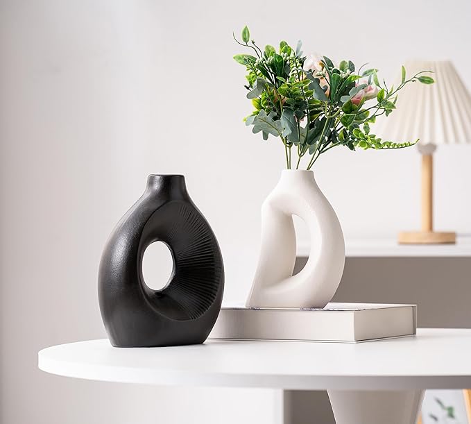 Black White Unique Ceramic Vase Set of 2, Modern Combination Vase Hollow Round Matte for Pampas Grass, Dried Fresh Flowers Home Decor Christmas Wedding Party Table Centerpiece