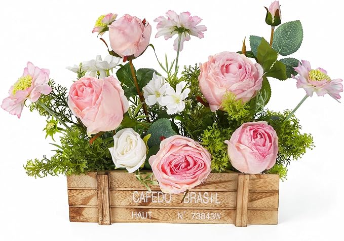 Centerpieces for Tables, Artificial Floral Centerpieces for Dining Table in Rustic Wooden Box, Pink Rose & Daisy Arrangement with White Roses Greenery for Farmhouse Kitchen Living Room Decor