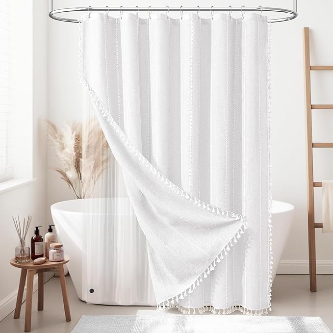 BTTN 3 in 1 Shower Curtain with Liner, 78 Inch Long Boho Linen Striped Cloth Shower Curtain Set with Hook, Farmhouse Bohemian Country Waterproof Fabric Shower Curtain for Bathroom, White, 72x78