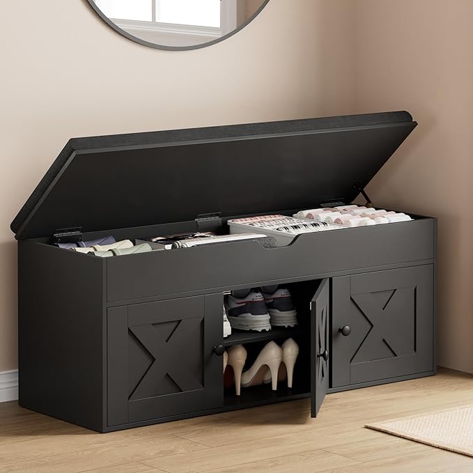 Homleke Shoe Storage Bench with Lift Top & 3 Barn Doors, Entryway Bench with Removable Cushion, Adjustable Shelf, Hidden Storage Cabinet for Hallway, Living Room, Bedroom - Black