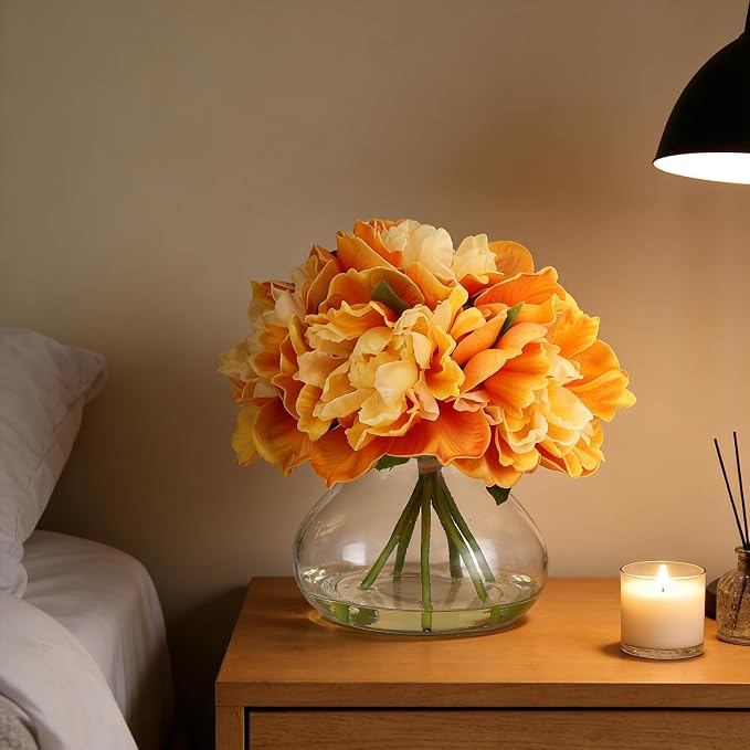 Orange Peony Bouquet in Glass Vase - 6 Piece Artificial Flower Arrangement with Faux Water for Wedding & Home Centerpieces