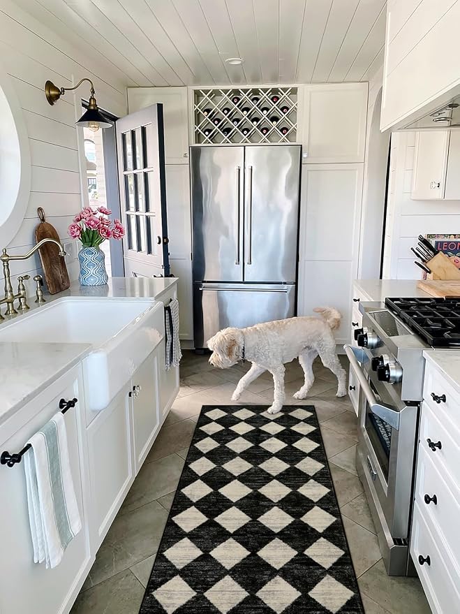 Lahome Zelie Washable Black and White Kitchen Runner Rug, 2x5 Soft Non Slip Laundry Room Bathroom Runner Rugs, Moroccan Trellis Low Pile Carpet Runners for Entryway Bedside
