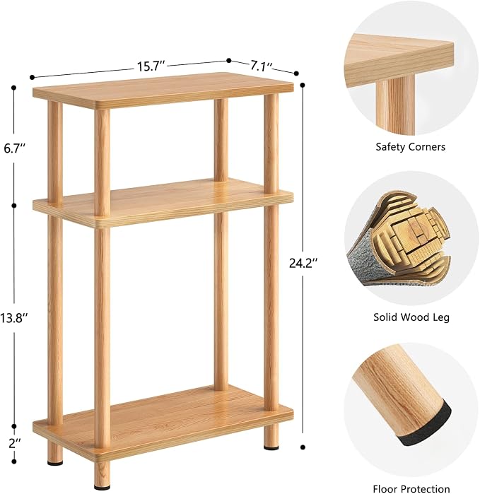 Apicizon Small Narrow Side Table, 3-Tier Skinny End Table for Small Spaces, Slim Nightstand with Storage Shelf, Bedside Table for Living Room, Bedroom, Natural