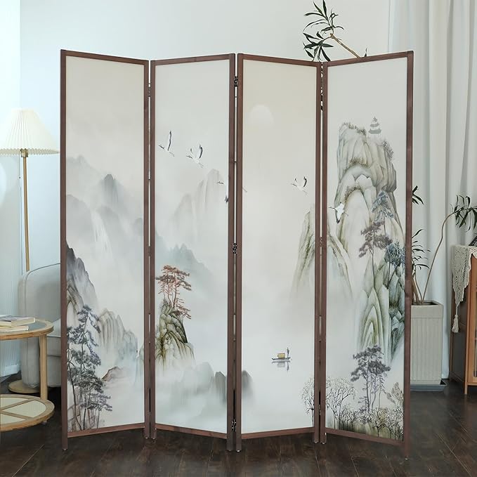 Furnnylane 4 Panel Room Divider, 5.6 ft Tall Double-Sided Blackout Folding Privacy Screen – Freestanding Wall Partition with Mountains and Waters Landscape for Home Office, Easy Setup (67" H x 63" W)