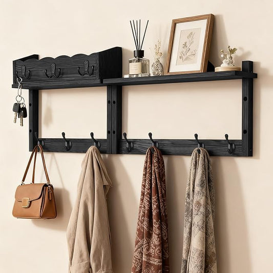 28" Coat Rack Wall Mount with Shelf, Entryway Key Holder Wall Mount Wood Wall Coat Hooks with 7 Hooks 3 Key Hanger, Wall Mounted Coat Rack Mail Holder for Living Room, Bedroom
