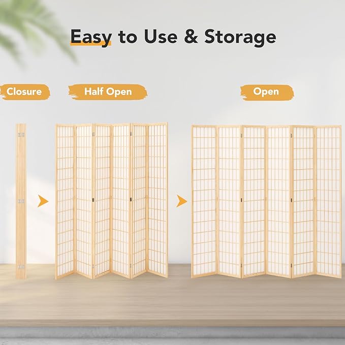JOSTYLE 6Ft Room Divider Wall Shoji Screen, 6 Panel Folding Privacy Screen for Room Separation, Japanese Wood Room Divider, Natural, 70.9" H x 104" W