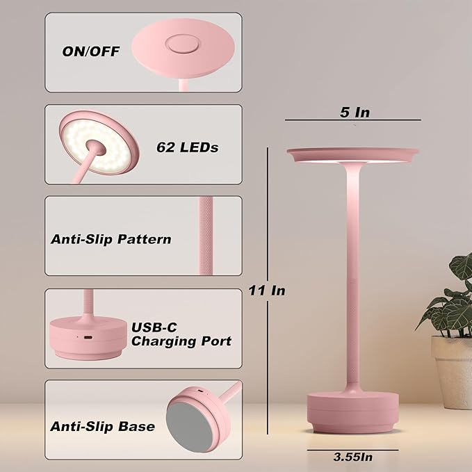 TBBGA 2 Pack Rechargeable Cordless Table Lamps, Portable 5000mAh Outdoor Table Light, 3 Color Stepless Dimming LED Table Lamp with Memory Function, for Home/Dinner/Patio/Restaurant.(Pink)