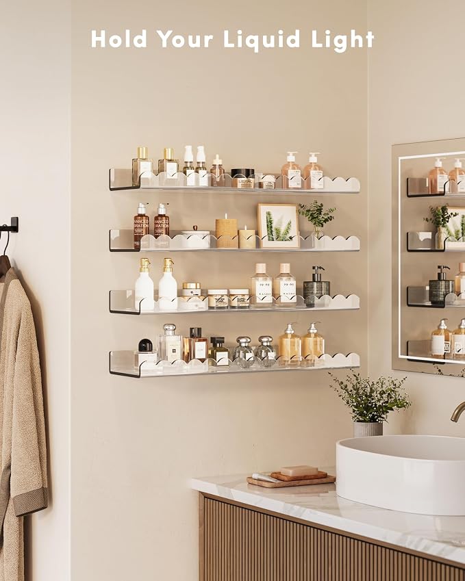 G&W Gruwald Acrylic Shelves for Wall, Acrylic Bathroom Shelves, Scalloped Floating Shelves for Bedroom, Nursery, Living Room (Clear, 23 Inches, 4)