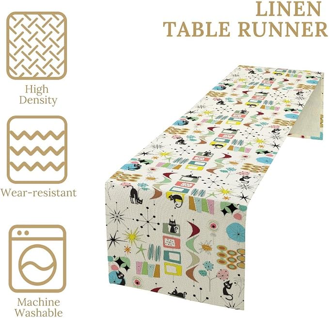 Mid Century Table Runner Modern Black Cat Colorful Geometric Atomic Star for Kitchen Dining Room Dining Table Decoration 13x60in