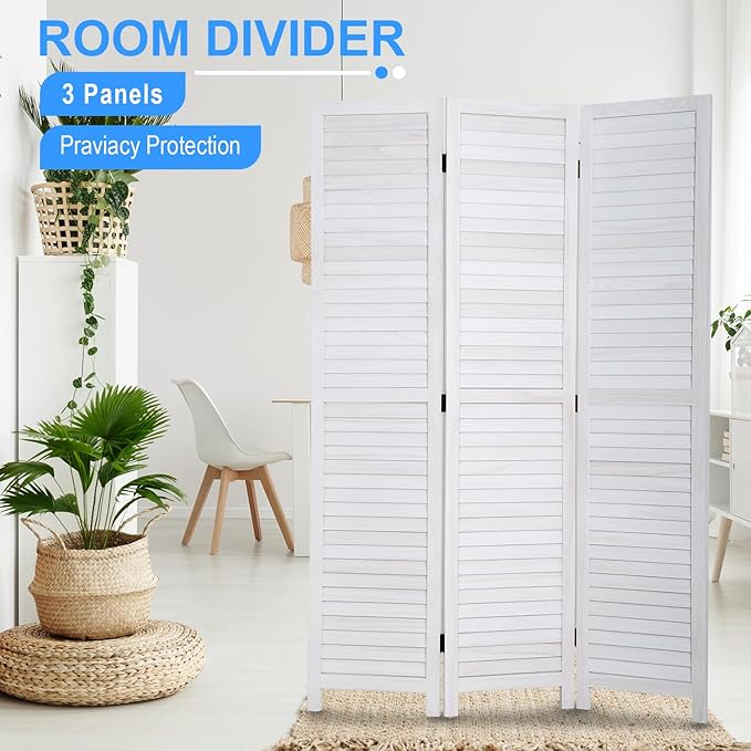 PayLessHere Room Divider Wood Privacy Screen 5.75 Ft Indoor Folding Portable Partition Screen for Bedroom Office Restaurant (White, 3 Panel)