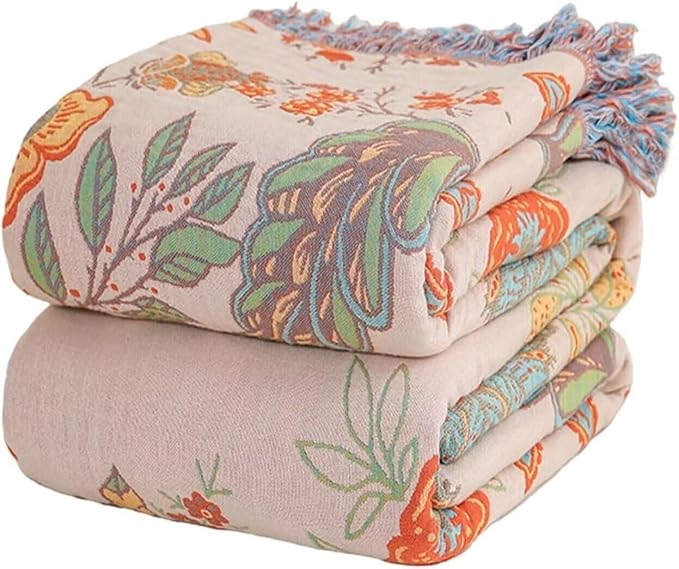 Boho Throw Blanket for Bed 100% Cotton Bohemian Blankets Ultra Soft Woven Muslin Decorative Blankets All Seasons Vintage Quilt Knitted Blanket for Sofa Chair(Orange, 50"x60")