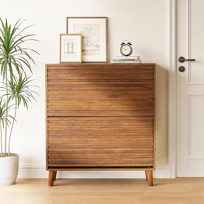 Narrow Shoe Storage Cabinet for Entryway 31.5'' Hidden Shoe Rack Cabinet with 2 Flip Drawers, Wood Slim Shoes Organizer with Wood Stripes for Hallway, Living Room (Walnut)