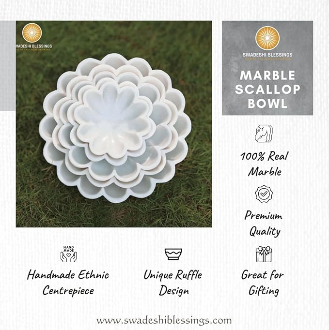 SWADESHI BLESSINGS HandCrafted Marble Decorative Bowl | White Ruffle Scalloped Fluted Key/Fruit Ring Dish | Organic Modern Home Decor (6 Inches)