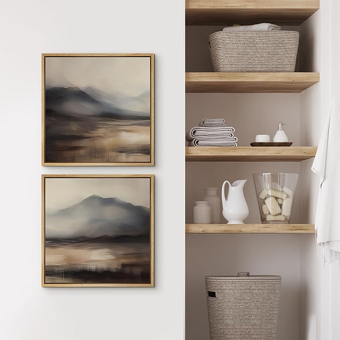 SIGNFORD Framed Canvas Print Wall Art Set Misty Mountain Landscape Neutral Toned Abstract Illustrations Modern Art Minimal Relax/Calm for Living Room, Bedroom, Office - 16"x16"x2 Natural
