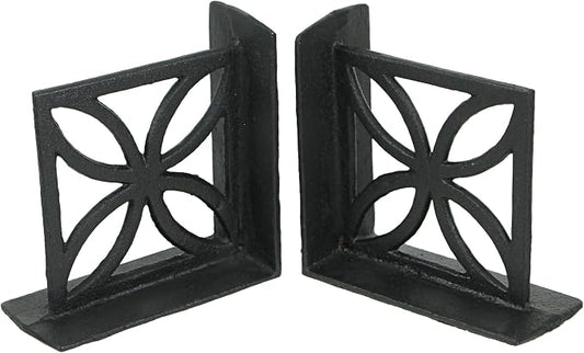 Set of 2 Elegant Black Cast Iron Mid Century Modern Breeze Block Bookends with Floral Design - Stylish Home and Bookshelf Decor Accessories, 5.25 Inches High