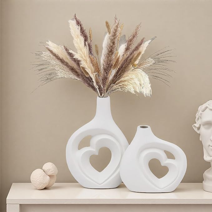 White Heart Shaped Hollow Ceramic Vase Set of 2, Modern Nordic Boho Style Home Decor for Table Centerpiece Dining Living Room Book Shelf Decoration, Matte Finish, H 8.5in