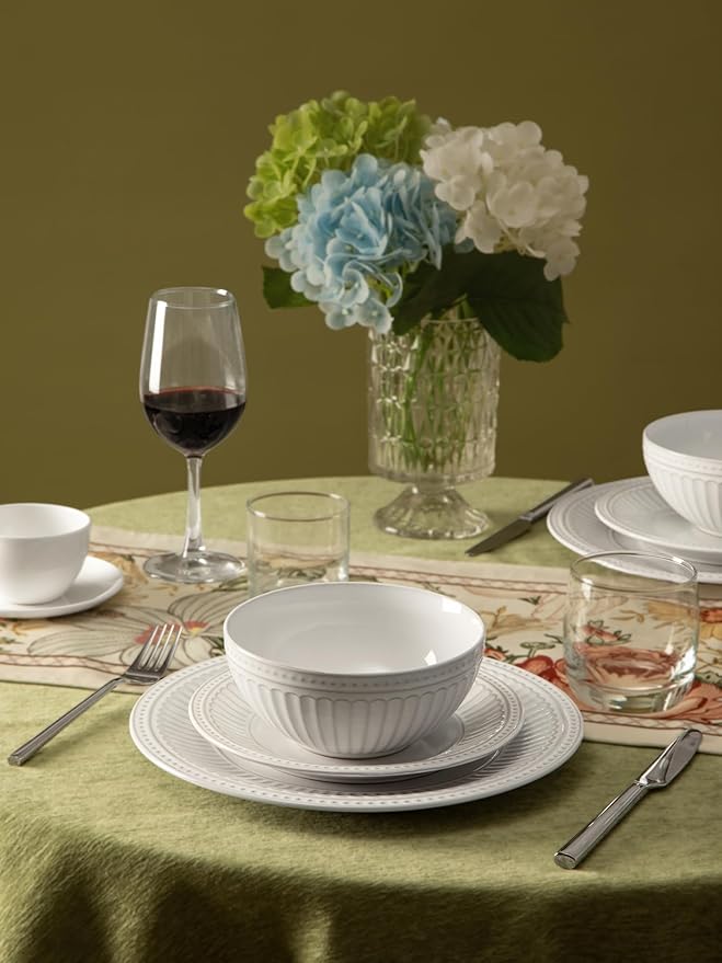 Famiware Garden 12-Piece Embossed Plates and Bowls Sets, Stoneware Reactive Glaze Dishes Dinnerware Set, Modern Rustic, Chip & Scratch Resistant, Microwave & Dishwasher Safe, Service for 4, White
