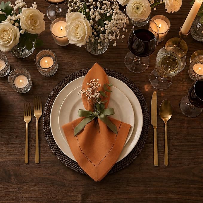 Signature Linen™ by D'Moksha Rust Dinner Napkins Set of 4, 20 x 20 Inch Cloth Napkins, 100% Pure Linen, Hemstitch, Machine Washable Table Napkins- Summer