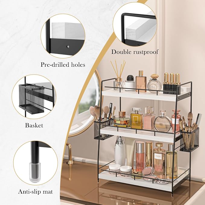 Bathroom Counter Organizer,Bathroom Countertop Organizer with Baskets,Vanity Organizers,Counter Shelf,Countertop Storage, Makeup Organizers(White)