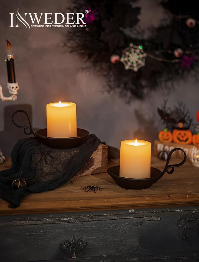 Cast Iron Candle Holder: Matte Black Pillar Candle Plate with Handle and Safety Spike for Pillar/Ball Candles Vintage Decorative Stand for Christmas Halloween Table Home Set of 1