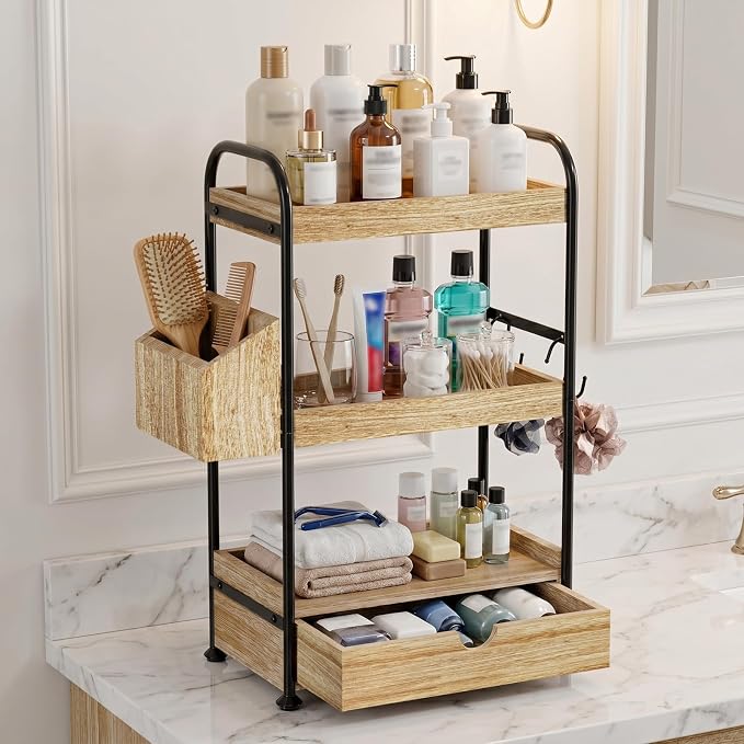 Kottwca 3-Tier Bathroom Counter Organizer with Drawer, Wooden Vanity Skincare Storage Shelf with Thickened Metal Frame, Countertop Shelf with Basket & Hooks for Makeup Organization, Light Brown