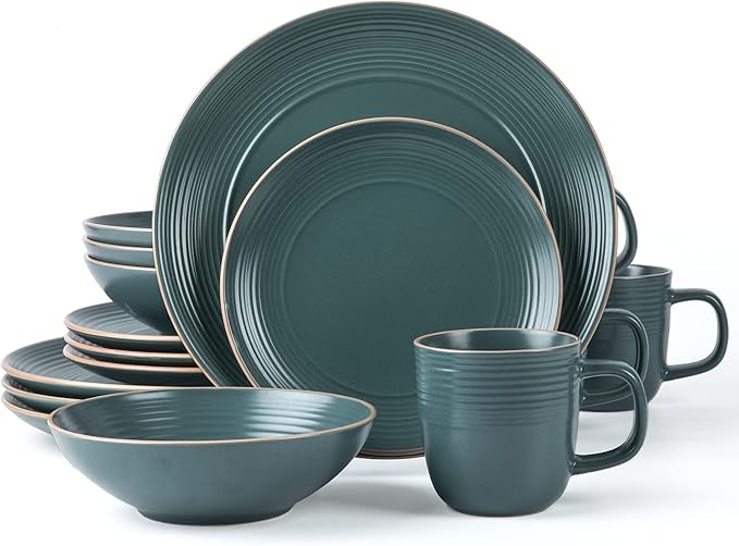 Arora RINGAR Round Stoneware 16pc Dinnerware Set of 4, Dinner Plates, Side Plates, Cereal Bowls, Mugs - Speckle Matte Green (434540)